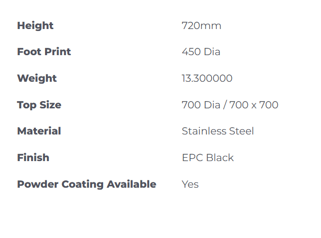 Trumpet Small Black Table Base dimensions, stainless steel material and EPC Black finish