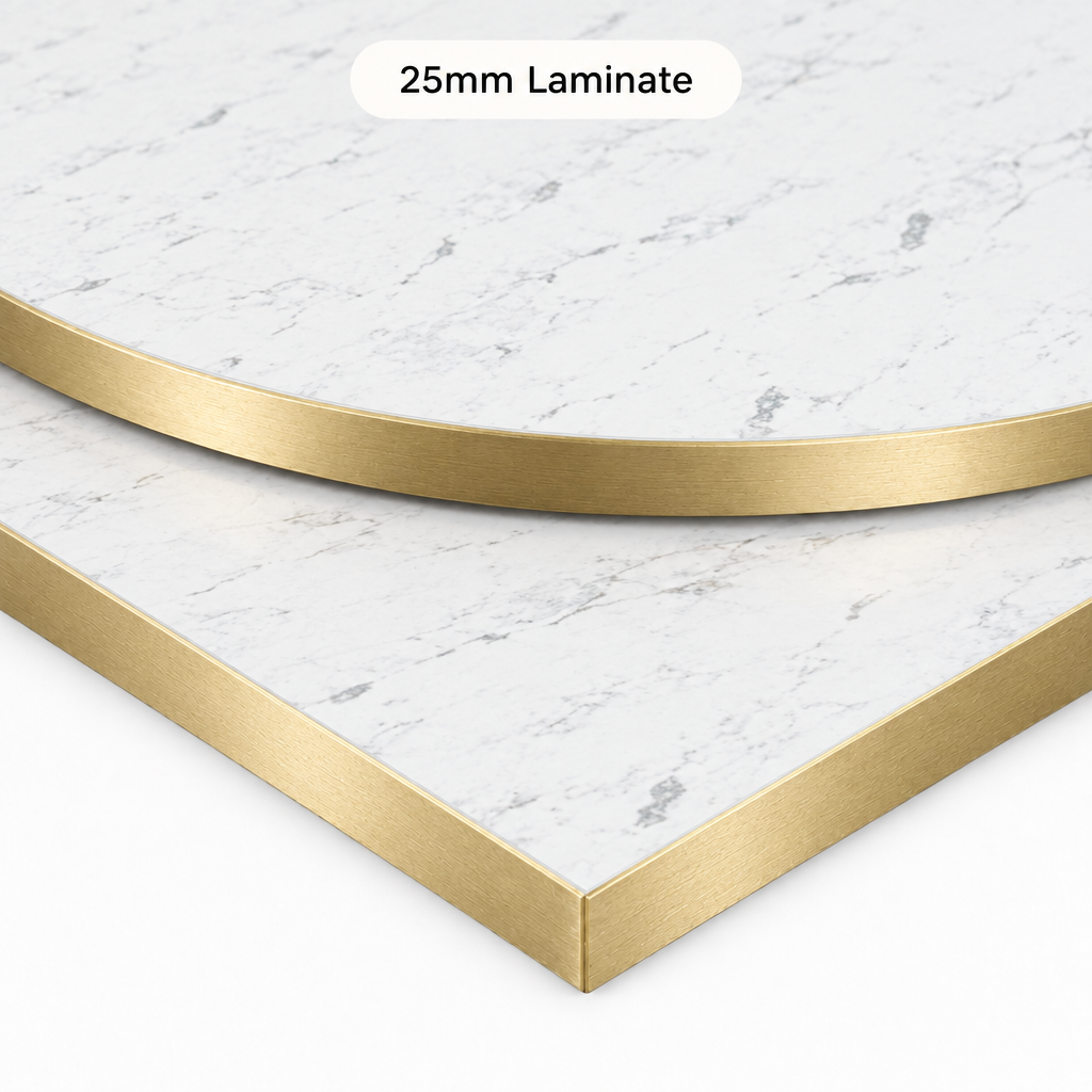 Restaurant Table Tops: Elegant White Marble & Gold Edge Design